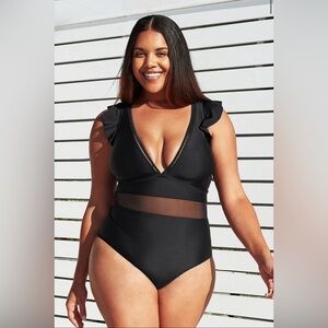 Cupshe One Piece Black Ruffle Mesh Panel 2X NWT